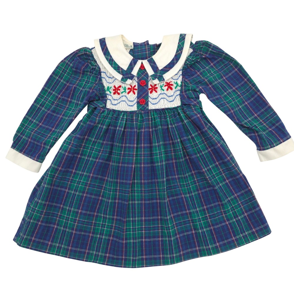 Vintage Polly Flinders Kids Plaid Smocked Dress 2T